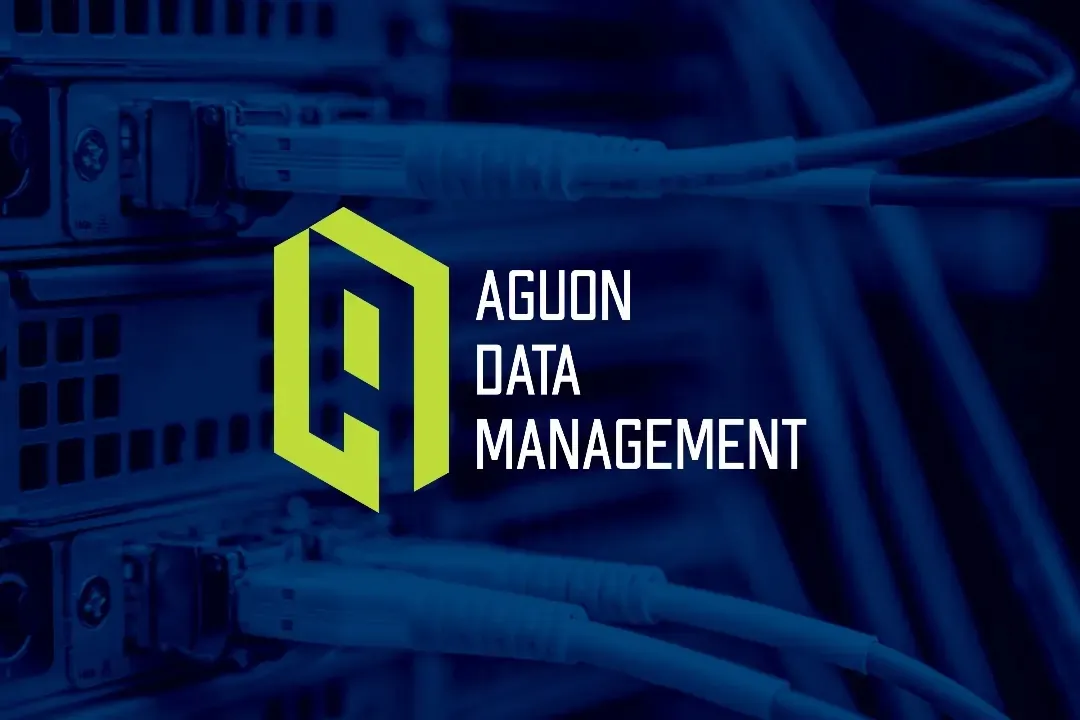 Concept logo for a fictitious brand, Aguon Data Management, in lime green and white over a navy photo of network cables