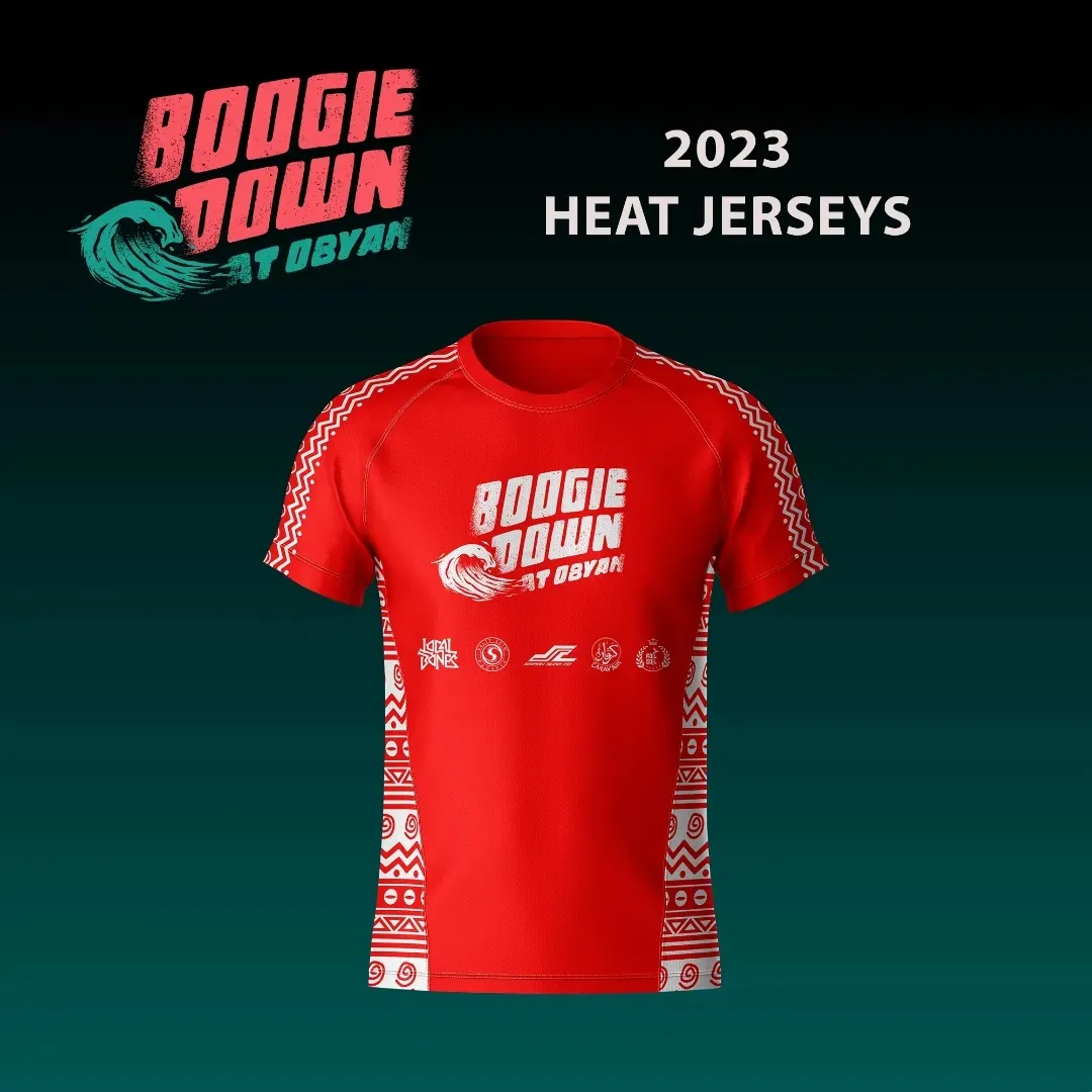 Red Boogie Down at Obyan 2023 heat jersey with white woven side panels and sponsor logos, under the event’s wave logo