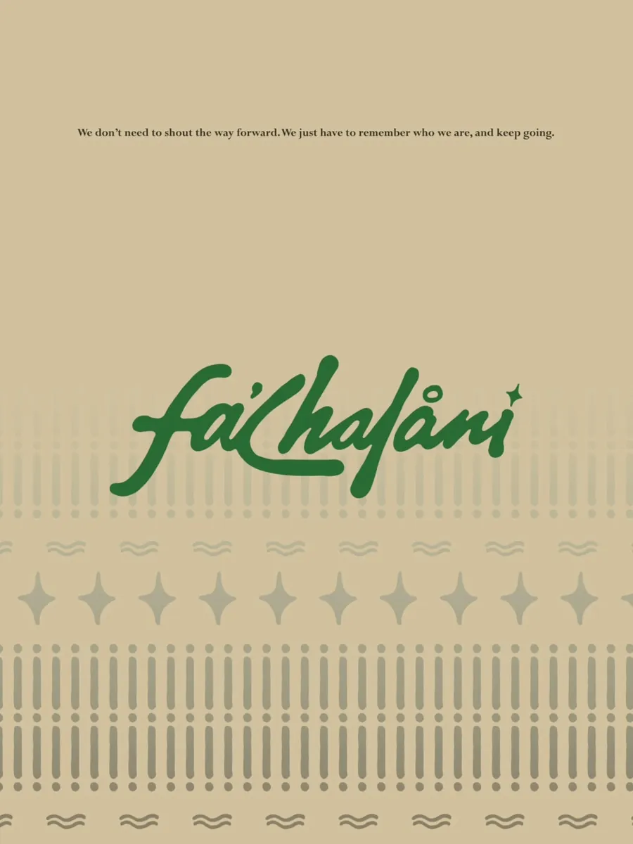 Fa’chalåni hand-lettered wordmark in green on warm sand, above a repeating latte-stone and star pattern