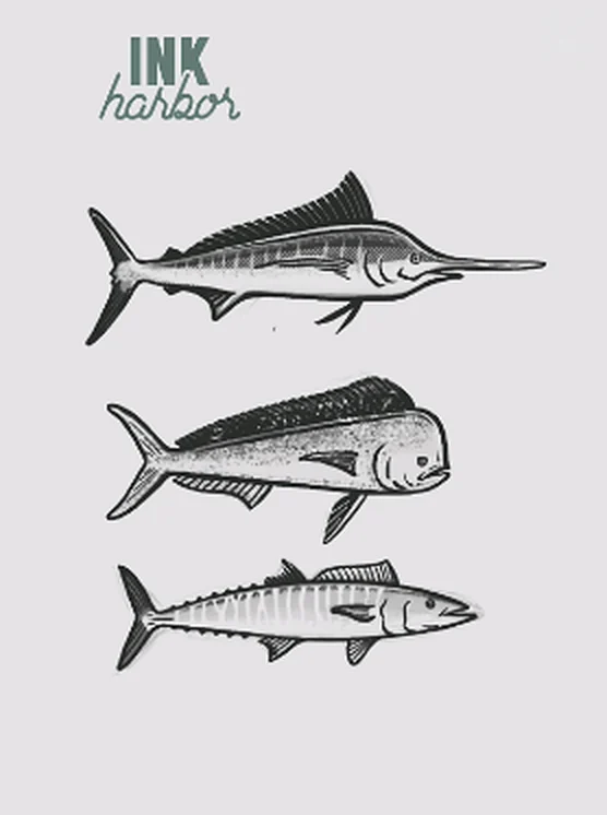 Engraving-style illustrations of a marlin, a mahi-mahi and a wahoo