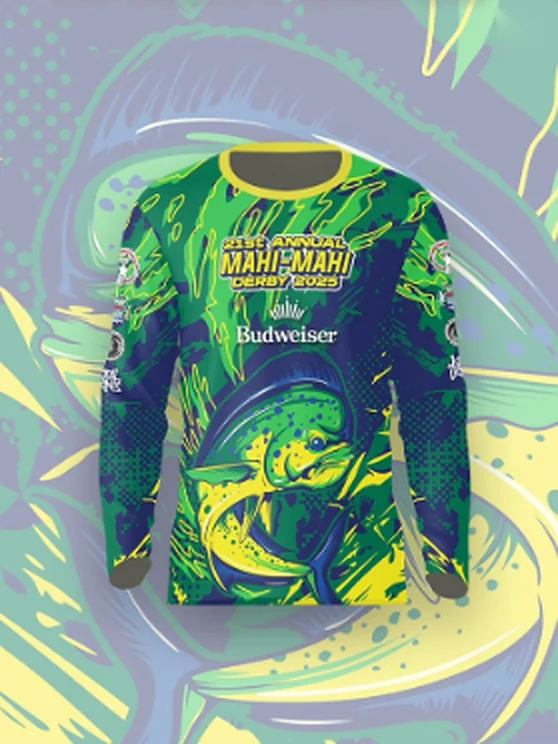 21st Annual Mahi-Mahi Derby 2023 long-sleeve jersey in green, blue and yellow