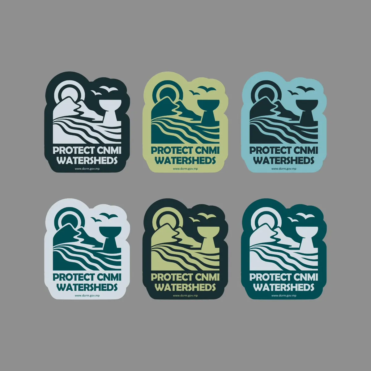Six Protect CNMI Watersheds stickers in navy, teal, sage and sand showing a latte stone, waves and hills